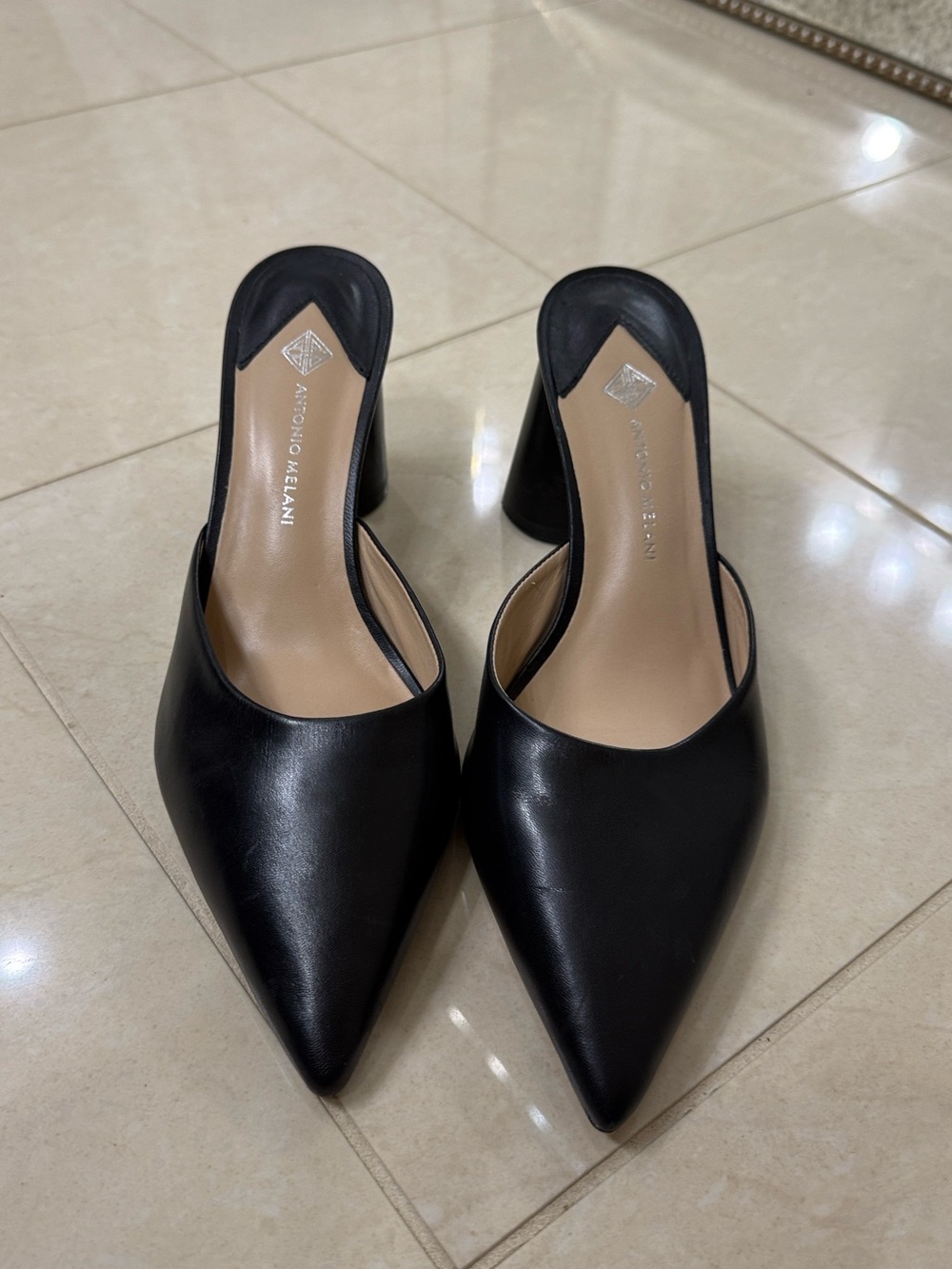 ANTONIO MELANI Black Pointed-Toe Leather Mule Heels